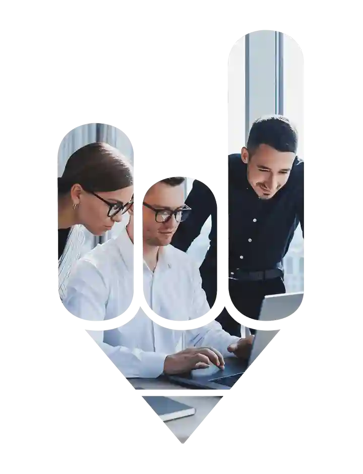 Professionals collaborating in office, framed by letter-shaped windows